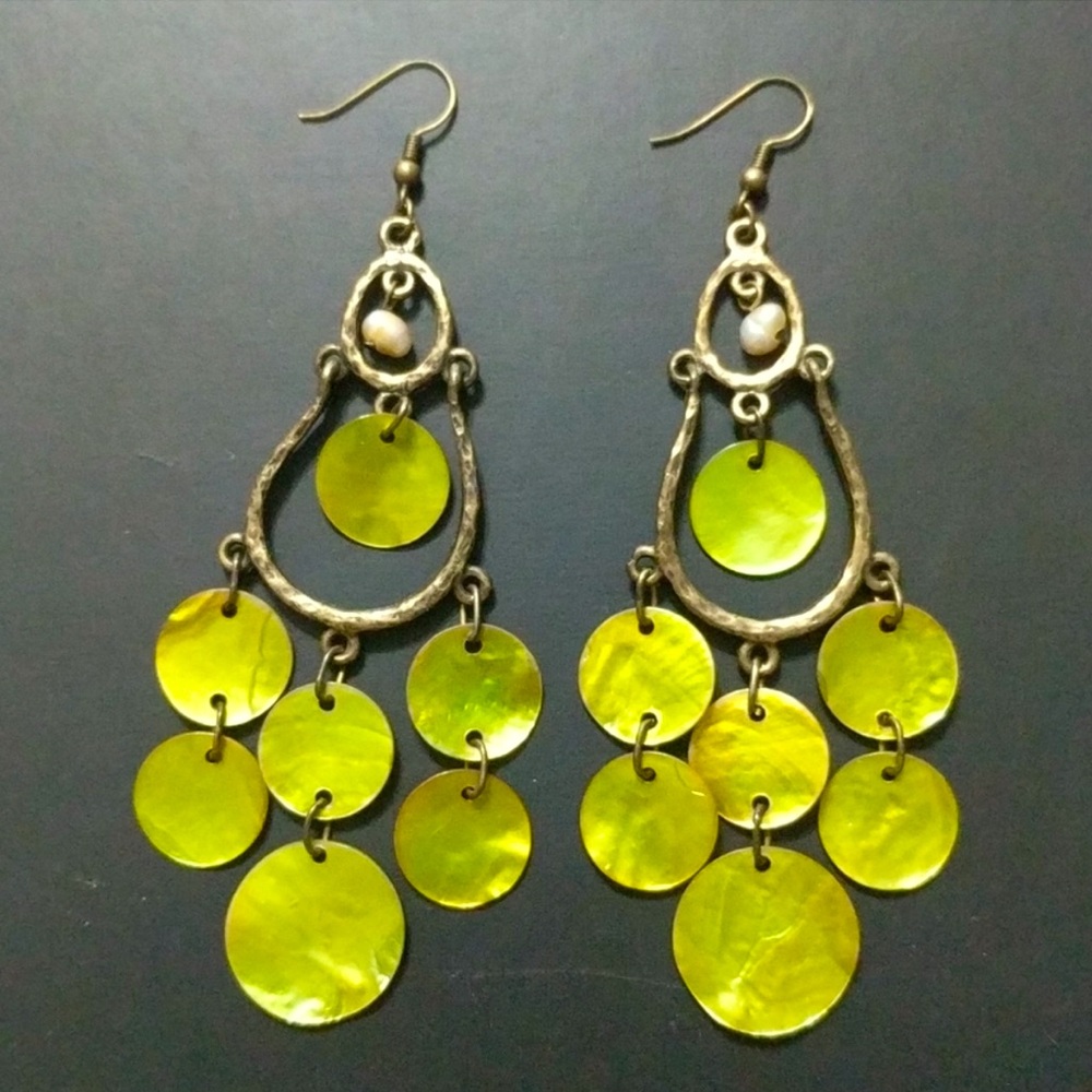 Green Shell Antique Gold Chandelier Earrings